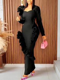 Women's Black Long Bodycon Dress Elegant Ruffle Trim Sweetheart Collar Long Sleeve Slim Fit Dresses Stylish Party Event Gowns 240109