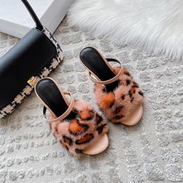 Sandals Leopard Print Fur Mink Cool Slippers Celebrity Dating Sexy Contoured High Heels One Line Strap High-end Women's Shoes