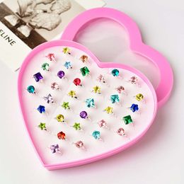 Student Children Gift Love Box Set Water Diamond Girls Ring Adjustable Princess Rings