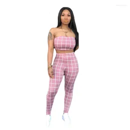 Women's Two Piece Pants Women Plaid Wrapped Cami Tops & Suit Ladies Sex Strapless Bodycon Matching Sets Pink Tracksuit Stress Wear