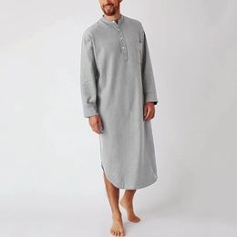 INCERUN Cotton Men's Sleep Robes Solid Colour Long Sleeve Nightgown O Neck Leisure Mens Bathrobes Comfort Homewear Plus Size 240109