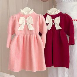 Girl Dresses Sweet Girls Sweater Dress Autumn Winter Kids Clothes Baby Solid Bow A-Line Long Sleeve Pullover Knitting Princess