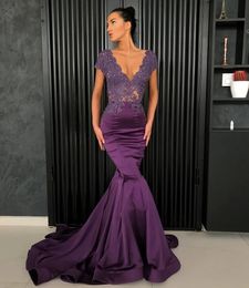 Vintage Purple Evening Birthday Dress 2024 V-neck Lace Appliques Beads Satin Mermaid Prom Party Gowns Robe De Soiree Vestidos De Feast