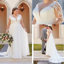 Plus Size A Line Wedding Dresses V Neck Appliques Lace Wedding Gowns Illusion Long Sleeve Boho Bridal Dress vestido noiva YD