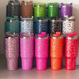 40oz Leopard print Reusable Tumbler with Handle and Straw Stainless Steel Insulated Travel Mug Tumbler Insulated Tumblers Keep Drinks ZZ