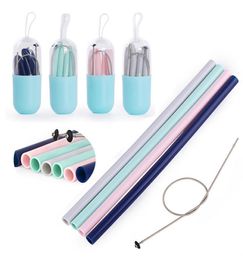 New Silicone Foldable Drinking Straw Set With Mini Box Brush Reusable Collapsible Straws For Outdoor Travel Kitchen Bar Portable D1828083