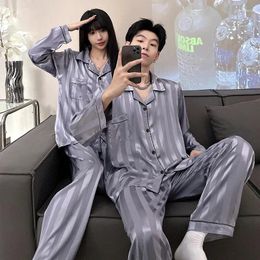 Women's Sleepwear Couple Pajamas Sets Striped Print Pijama Faux Silk Satin Lapel Pyjama Female Long Sleeve Shirt Pants Suits Homewear