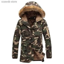 Men's Jackets Men Camouflage Winter Jacket Cotton Padded Fur Collar Hooded Long Male Coat Coupon Casual Mens Warm Camo Parka 2023 Jackets T240109