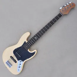 Light Yellow 5 Strings Electric Bass Guitar with Black Pickguard 20 Frets Rosewood Freboard Customizable