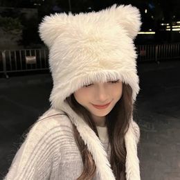Halloween Winter Plush Cute Cat Ear Beanie Fluffy Pullover Hats Korean Protection Strap Knitting Hat with Earflap 240108