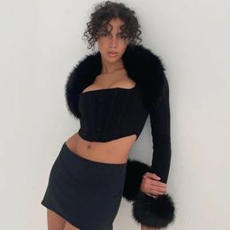 Crop Top For Women Fashion Fur Collar Knitted Elegant Sexy Coat Autumn Winter Jacket Loose Woman Clothes 240108