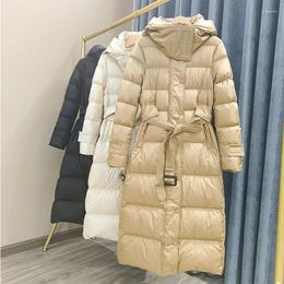 Women's Down LY VAREY LIN Winter Thick Warm Long Jacket Women Fashion Hooded 90% White Duck Coat Slim Zipper Lace-up Snow Outwear