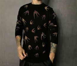 Freeship mens rhine beading bird black sweatshirts long sleeves T shirt fashion/studio/bling style1393270