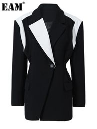 EAM Women Black White Colorblock Elegant Blazer Lapel Long Sleeve Jacket Fashion Spring Autumn 1DF076201 240108