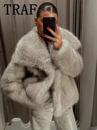 TRAF Faux Fur Cropped Jackets for Women Coats Thick Warm Soft Jacket Woman 2024 Long Sleeve Casual Winter Coat In Outerwear 240109