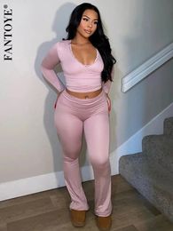 Fantoye Sexy Deep Vneck Lace Women Two Piece Sets Pink Long Sleeve Tshirt High Waist Pant Female Skinny Casual Suit 240109