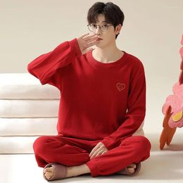 Men's Sleepwear 2024 Latest Spring Autumn Pyjamas Men Bridal Red Comfortable Loose Nightdress Round Neck Waffle Home Wear Set