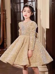 Girl Dresses 3-14 Yrs Flower Girls Dress Wedding Birthday Golden Sequin Lace First Communion For Baptism Party Vestidos