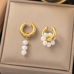 Stud Earrings ANENJERY 316L Stainless Steel Imitation Pearl Drop Hoop For Women Double Circle Jewellery Accessory