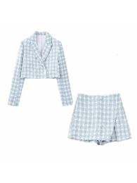 Women Fashion Tweed Plaid Single Button Cropped Blazer Coat High Asymmetrical Shorts Skirts Casual Two Piece Sets 240109