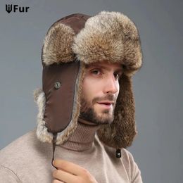 Men Unisex Warm Trapper Trooper Earflap Winter Flaps Ski Hat Bomber 100 Natural Real Rabbit Fur Cap 240108