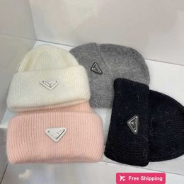 Designer Ball Caps P Family Inverted Triangle Rabbit Hair Knitted Hat for Autumn and Winter Warm and Thick Woolen Hat Popular on the Internet Versatile for Men and Wome