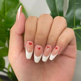 False Nails 24Pc Press On Long Fake Acrylic French Pink Heart Almond Line White Edge Exquisite Luxury Design Nail For Girls