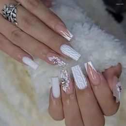 False Nails 24pcs Long Battle Peach Rhinestone Flowers Relief Cover Fake Nail For Women And Girls