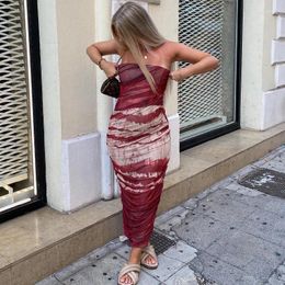 Casual Dresses Hirigin Women Bodycon Ruched Strapless Tube Long Dress Slim Fit Off Shoulder Tie Dye Printed Mesh Streetwear