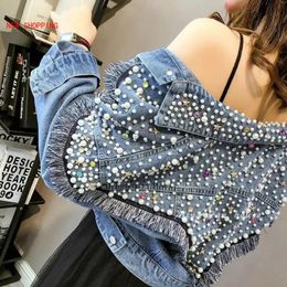 2023 Autumn Denim Jacket Women Handstudded Pearls Punk Tassel Veste Femme Loose Short Jeans Coats Chaquetas Mujer Streetwear 240108