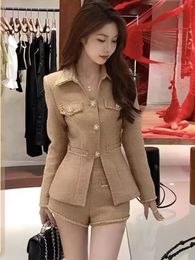 Luxury High Quality Two Piece Set for Women Korean Fashion Elegant Slim Jacket Coat Short Pants Sets Autumn Winter Outfits 240108