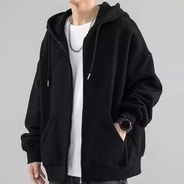 Men Solid Color Coat Thick Cardigan Hoodie Jacket with Drawstring Closure Pockets Warm Stylish Mens Winter Fall 240109