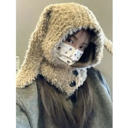 Cute Plush Rabbit Hat with Long Ears Female Concave Shape Warm Ear Protection Balaclava Hat Autumn and Winter Pullover Hat 240109