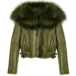 Jackets Yoloagain Winter Warm Big Fur Collar Oversized Shearling Coat with Lamb Fur Lining Women Genuine Leather Jacket Ladies