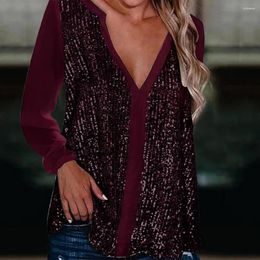 Women's Blouses Sexy V-neck Top Sequin V Neck Long Sleeve Blouse For Women Breathable Party With Shiny Detail Loose Pullover Fall Spring