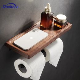 DOOKOLE Toilet Paper Holder with Black Walnut Shelf for BathroomWall Mounted Tissue Double Roll 240109