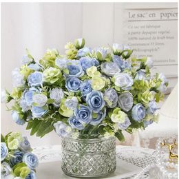 Decorative Flowers Artificial Mona Wild Roses Bouquet Silk Fake Green Plant Home Bedroom Decoration Simulation Flower Blue Rose Floral