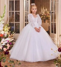 Girl Dresses White Tulle Princess Dress Lace Puffy Flower Long Sleeve Cute Birthday Wedding Party Baby