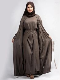 Ethnic Clothing 3 Piece Linen Abaya Kimono Set Matching Hijab Dress Wrap Skirt Muslim Sets Eid Abayas For Women Dubai Luxury Turkey Islam