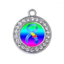 Charms Exquisite Rhinestone Inlaid Round Autism Puzzle Pattern Transparent Metal Charm