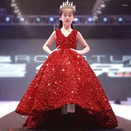 Girl Dresses Little Girls Sequin Sexy V Neck Ball Gown Teen Sleeveless Tail Evening Formal Dress Kids Elegant Red Party Banquet Pageant