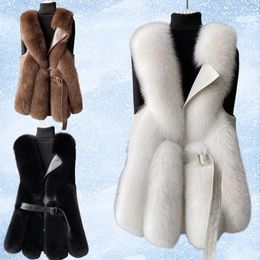 Fox Fur Vest Coat Womens Faux Waistcoat Fashion Slim Jacket Chic Sleeveless Vests with Belt 240108