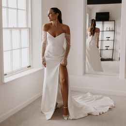Mermaid Wedding Dresses Side Slit Long Sleeve with Pearls Bridal Gown Off the Shoulder Satin Wedding Party Dress
