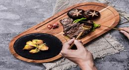 Dishes Plates Natural Wood Steak Serving With Slate Stone Charcuterie Board Sushi Dessert Plate BBQ Grill Fish Tray3996415