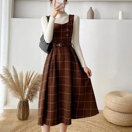 Autumn Winter Lady fashion Overalls 2 Piece Set Dress Women black Knitted Sweater Top Plaid Tweed Slim Big Swing Midi 240109