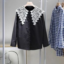 Women's Blouses Doll Collar Long-sleeved Shirt Female Design Solid Loose Casual Blusas 2024 Autumnkorean Chic Niche French Lapel Patchwork