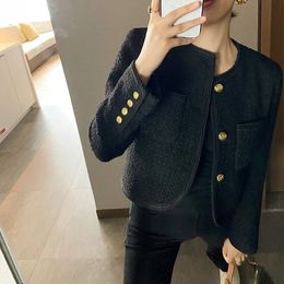 Autumn Black Tweed Coat Women Korean Elegant Oneck Slim Fit Tops Y2k Grunge Long Sleeve Jackets Mujer 240109