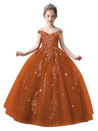 Elegant Long Flower Girl Dresses Off the Shoulder Shiny Tulle Short Sleeves with Appliques Ball Gown Floor Length Custom Made for Wedding Party