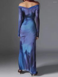 Casual Dresses Women Long Bodycon Dress Tie-Dye Floral Print V-Neck Sleeve Fall Slit Off Shoulder