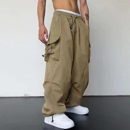Men's Pants Men Cargo Multi Pocket Oversized Solid Colour Elastic High Waist Hip Hop Streetwear Long Trousers